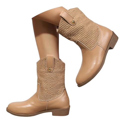 32 Mädchen mit durchbrochener Spitze, Retro Stil, spitzer Zehenpartie klobigem Absatz, wadenlange Stiefel, modische Stiefel mit mittlerer Schafthöhe. Damen Lammfell Gefüttert (a-Brown, 37) von Generisch