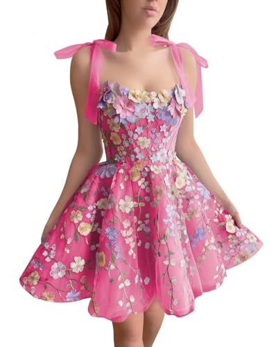 3D Spitze Applique Damen Krawatte Riemen Tüll Abschlussballkleider A-Linie Abschlussballkleid Kurz Formale Party Heißes Rosa 50 von Generisch