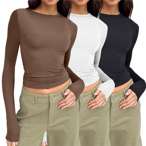 3PC Enges Langarmshirt Damen Y2k Slim Fit Einfarbig Langarm Shirt Elegant Sexy Crop Tops Y2k Clothes Fashion Longsleeve Tops für Frauen Mädchen von Generisch