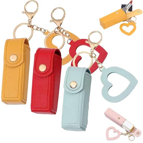3PCS Lip Oil Keychain, Women 's Lipstick Holder Keychain mit Spiegel, PU Leder Potable Lip Gloss Holder für Auto/Reise Lagerung (D) von Generisch