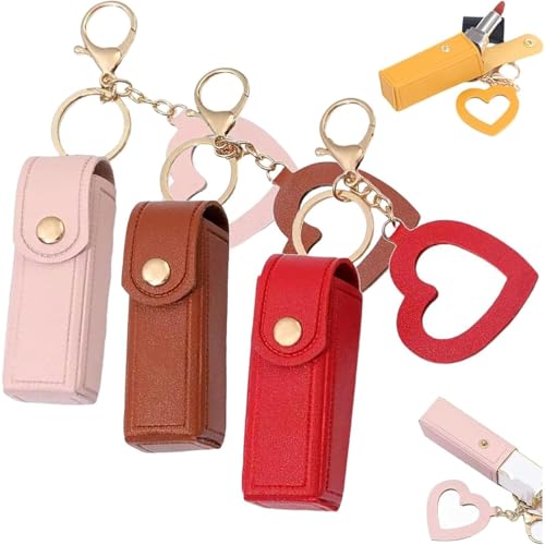 3PCS Lip Oil Keychain, Women 's Lipstick Holder Keychain mit Spiegel, PU Leder Potable Lip Gloss Holder für Auto/Reise Lagerung (E) von Generisch