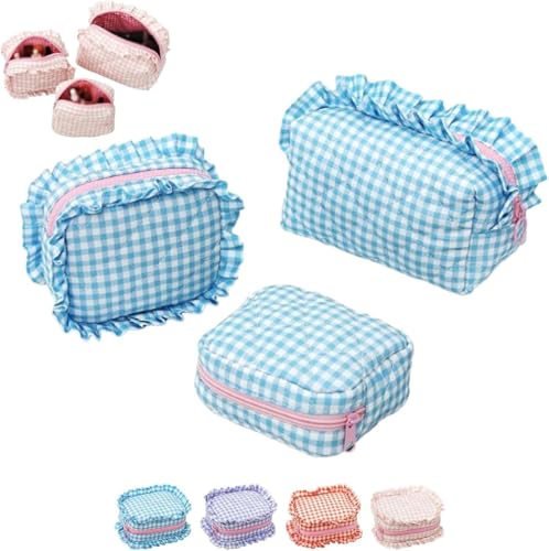 3Pcs Ruffle Pouch Bag,Small Plaid Quilted Makeup Bag Set,Portable Mini Ruffle Cosmetic Toiletry Bags for Travel,Aesthetic Pouch Purse Organizer for Women (Blue) von Generisch