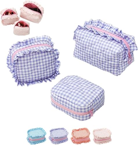 3Pcs Ruffle Pouch Bag,Small Plaid Quilted Makeup Bag Set,Portable Mini Ruffle Cosmetic Toiletry Bags for Travel,Aesthetic Pouch Purse Organizer for Women (Purple) von Generisch