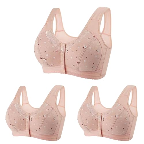 3er Pack Bh Damen Ohne Bügel Push up Nahtloser Bh mit Blumenmuster Vorderverschluss Atmungsaktiv Bralette Große Größen Komfort Starker Halt Klassischer Bustier Baumwolle Tshirt Bras Rosa XXL von Generisch