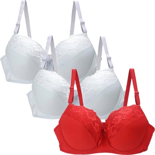 3er Pack BH Damen ohne Bügel Push Up Starker Halt Große Brüste Bustier Bequem Klassische BHS Set für Damen Komfort Atmungsaktiver Blumen Spitze Bra mit Verstellbarem für Sport und Alltag von Generisch
