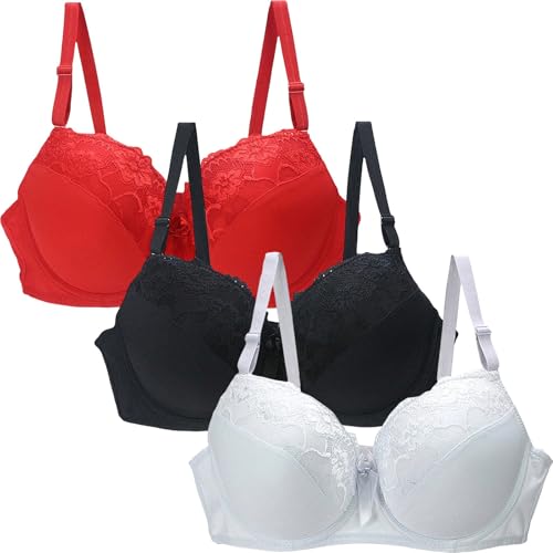 3er Pack BH Damen ohne Bügel Push Up Starker Halt Große Brüste Bustier Bequem Klassische BHS Set für Damen Komfort Atmungsaktiver Blumen Spitze Bra mit Verstellbarem für Sport und Alltag von Generisch