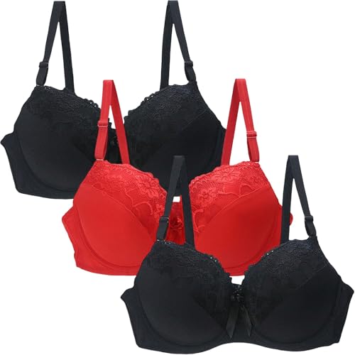 3er Pack BH Damen ohne Bügel Push Up Starker Halt Große Brüste Bustier Bequem Klassische BHS Set für Damen Komfort Atmungsaktiver Blumen Spitze Bra mit Verstellbarem für Sport und Alltag von Generisch