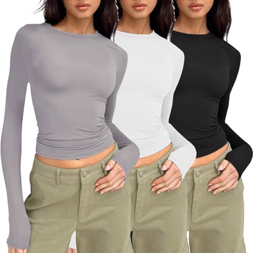 3er Pack Basic Langarmshirt Damen Eng Slim Fit Y2k Tshirt Crop Top Sexy Enge Bauchfreies Oberteile Lässig Rundhals Gym Sport Oberteil Top Teenager Mädchen Streetwear Long Sleeve Shirt von Generisch