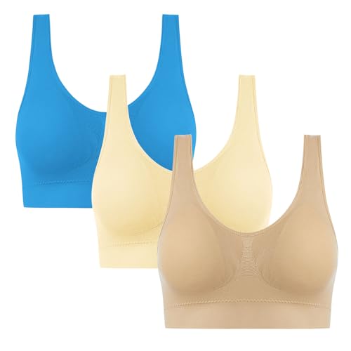 3er Pack Damen BH Ohne Bügel Atmungsaktiv Unterhemd Push Up für Frauen Bra Seamless BHS Bequem Unterwäsche Unverstellbar Träger Bras Blau L von Generisch