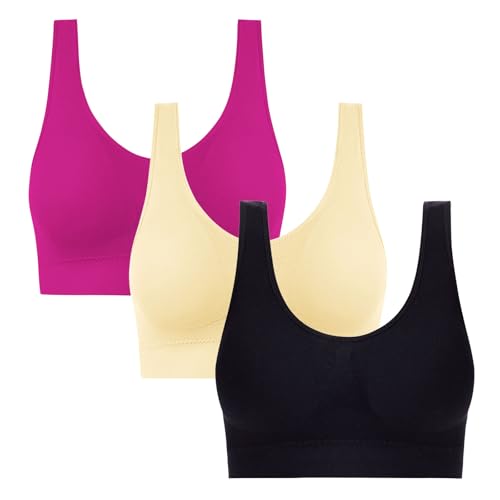 3er Pack Damen BH Ohne Bügel Atmungsaktiv Unterhemd Push Up für Frauen Bra Seamless BHS Bequem Unterwäsche Unverstellbar Träger Bras Knalliges Pink 3XL von Generisch