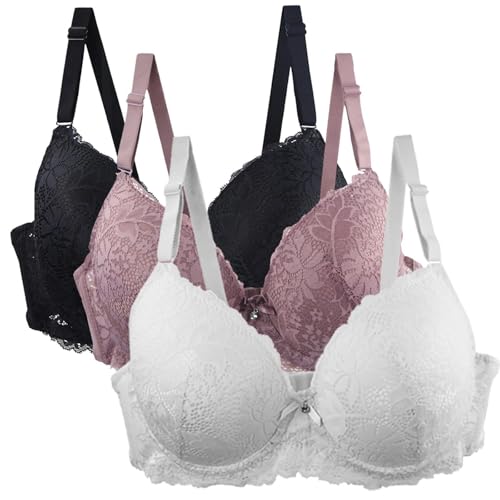 3er Pack Damen BH Set Lace Up BH Set Bequemer Spitze BH mit Verstellbaren Trägern Elegante Unterwäsche für Alltag und Freizeit Mehrfarbige BHs, himmelblau, 36C von Generisch