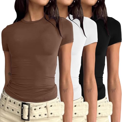 3er Pack Damen Skims Dupe Basic T-Shirts Kurzarm Crop Top Casual Y2K Rundhalsausschnitt Tops Slim Fit Tshirts von Generisch