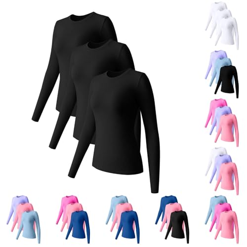 3er Pack Unterhemd Langarm Damen Eng, Unterziehrolli Damen Basic Langarmshirt, Kompressionsshirt Funktionsshirt, Stillshirt Umstandstop, Schwangerschaft Kleidung, Thermo Damen Unterhemd Long Sleeve von Generisch