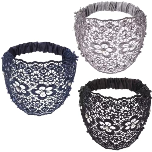 3er-Pack Verpackung des Haarbands aus Spitze – elastisches Haarband aus Perlen, Stretchband aus Blumennetz | Boho-Kronenstoff, modisch, weicher Yoga-Schal, Vintage-Krawatte von Generisch