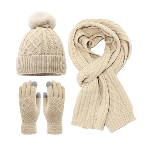 3pc Mütze Schal und Handschuh Set Unisex Strick mit Haube Fleece Touchscreen Einfarbig Handschuhe Sets Weich Exquisite Gefütterte Handschuhsets Thermo Geschenk Set für Damen und Herren von Generisch