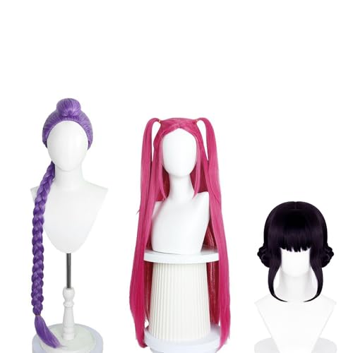 3pcs Demon Hunters Costume Rumi Perücke Cosplay Kids Anime Mira Zoey-Kostümperücken für Damen und Herren, Halloween, Cosplay-Requisiten (Lila+Rot+Schwarz) von Generisch