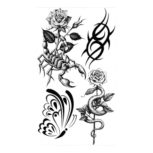 4 Blätter Schmetterling Rose Blume Temporäre Tattoos for Frauen Erwachsene Kinder Mädchen Feder Schlange Skorpion Gefälschte Tattoo Hals Arm Hände(CSQ013) von Generisch