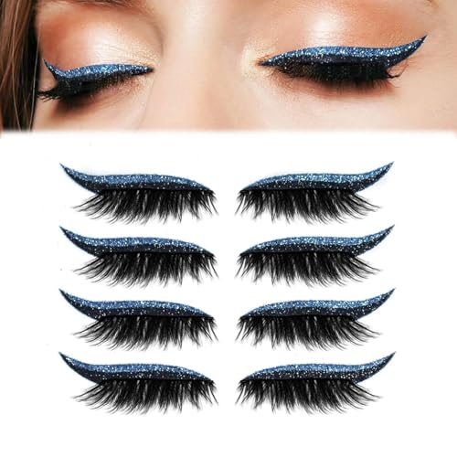 4 Paar Lazy Eye Shadow Wimpernpflaster,Lazy Eye Shadow Eyelash Patch,Glitzer-Lidschatten-Aufkleber Mit Wimpern,Natürlicher&Wasserfester Wimpern Makeup Aufkleber,Kein Kleber Nötig (Blau) von Generisch