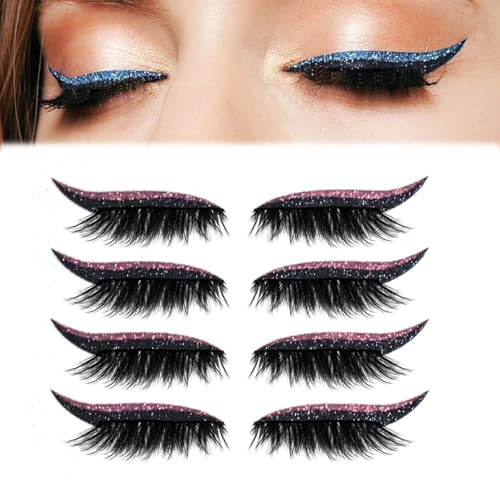 4 Paar Lazy Eyeshadow Wimpernpatch, 2-in-1 Lazy Eye Shadow Eyelash Patch, Glitzer-Lidschatten-Aufkleber Mit Wimpern, Einfach Aufzutragender Lidschatten Und Wimpern, Kein Kleber Nötig (Rosa) von Generisch