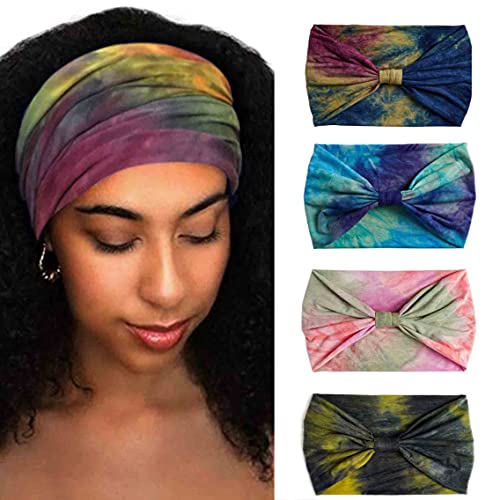 4 Stück breite Damen-Stirnbänder – dehnbares Turban-Knoten-Design, elastische Yoga-Workout-Schweißbänder, Laufsport-Wraps & große afrikanisch inspirierte Schal-Stirnbänder von Generisch