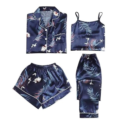 4-Teiliges Schlafanzug Damen Satin Pyjama Set Elegant Nachtwäsche Dünne Hausanzug Zweiteiliger Set Langarm Pyjamas Und Oberteile, Kurz Träger Und Shorts Locker Weiche Sleepwear Basic Schlafanzüge von Generisch