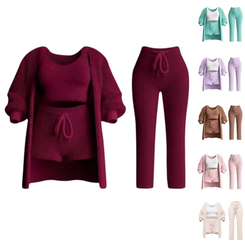 4-Teiliges Set Winter Frühling Pyjamas Damen Mädchen Ensembles de Pyjama Warm Coral Fleece Samt Nachtwäsche Bequem und weich Fuzzy Plüsch Langarm Jacke Crop Tank Top Shorts und Hose Jogginganzüge von Generisch