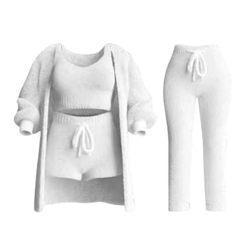 4-Teiliges Set Winter Frühling Pyjamas Damen Mädchen Ensembles de Pyjama Warm Coral Fleece Samt Nachtwäsche Bequem und weich Fuzzy Plüsch Langarm Jacke Crop Tank Top Shorts und Hose Jogginganzüge von Generisch