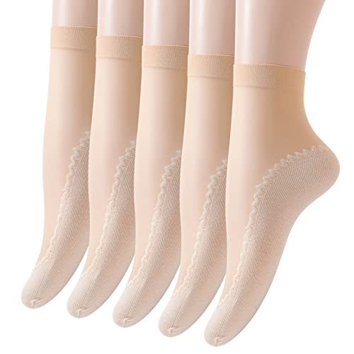5 Paar Damen Mädchen Nylon Socken Transparente Nylonstrümpfe Elastische Sommer Dünne Baumwoll Socken Atmungsaktive Bequeme Kristall Söckchen Rutschfest Feinstrumpfsöckchen Socken (Beige, One Size) von Generisch