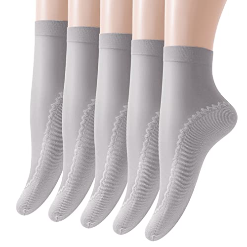 5 Paar Damen Mädchen Nylon Socken Transparente Nylonstrümpfe Elastische Sommer Dünne Baumwoll Socken Atmungsaktive Bequeme Kristall Söckchen Rutschfest Feinstrumpfsöckchen Socken (Gray, One Size) von Generisch