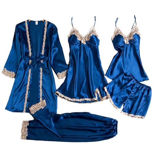 5-Teiliges Schlafanzug Damen Seide Pyjama Set Nachtwäsche Spitze Nachthemd Negilgee Satin Pyjamaset Mit Camisole Kurze Hose Unterwäsche Frühling Sommer Herbst Morgenmantel Bademantel Schlafanzüge von Generisch