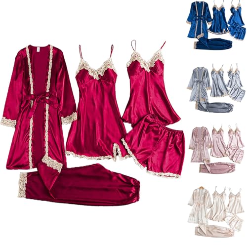 5-Teiliges Schlafanzug Damen Seide Pyjama Set Nachtwäsche Spitze Nachthemd Negilgee Satin Pyjamaset Mit Camisole Kurze Hose Unterwäsche Frühling Sommer Herbst Morgenmantel Bademantel Schlafanzüge von Generisch