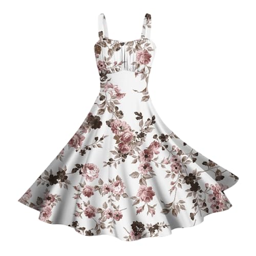 50er Jahre Kleider Damen Casual Cocktailkleid Spaghettiträger A-Linie Rüschen Sonnenkleid mit Taschen Urlaubs Strandkleid Vintage Blumen Festlich Kleider Freizeitkleid 4#Rosa XL von Generisch