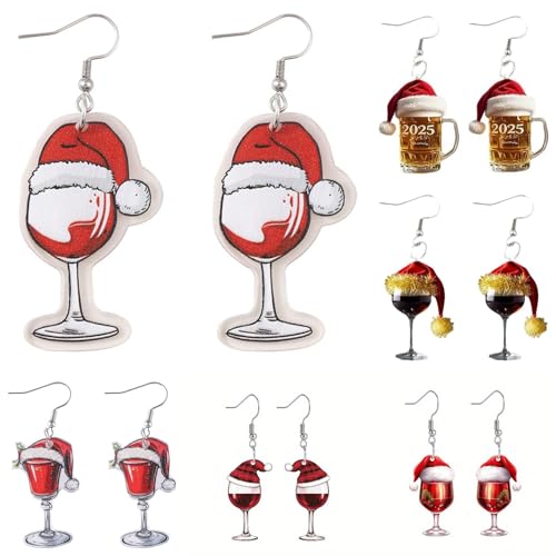 6 Paare Weihnachtsohrringe Damen Rot Weinglas Weihnachts Ohrringe, Weihnachtsschmuck Damen Acryl-Tropfen-Ohrringe Urlaubsschmuck Geschenke für die Weihnachtsfeier (Rot) von Generisch