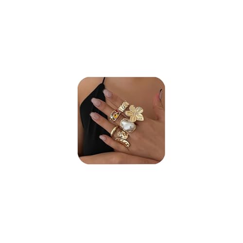 6 Stück Gold Chunky Rings Damen, Gold Rings Wassertropfen Blume Stapelbare Knuckle Ring Dick Goldringe Boho Midi Fingerring Statement Ring Schmuck für Damen Mädchen (Goldringe Set 2) von Generisch