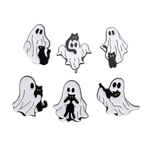 6 Stück Halloween Geisterbrosche | Geisternadeln Halloween Broschen Set Geist Und Katze Design Aus Zinklegierung Für Jacken Mützen Rucksäcke Accessoires Geschenk Für Frauen Freunde von Generisch