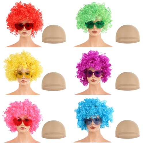 6 Stück leuchtende Neon-Clown-Perücken, gelockte Afro-Perücken mit herzförmiger Sonnenbrille, perfekt für Kostüme und Partys von Generisch