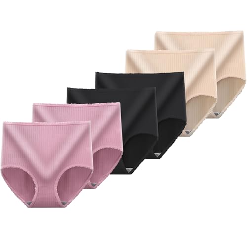 6er Pack Unterhosen Damen Unterwäsche Frauen Hohe Taille Slips Atmungsaktiv Panties Weich Unterhose Damen Schlüpfer Bequem Underwear Blitzangebote des Tages Beige + Schwarz + Knalliges Pink L von Generisch
