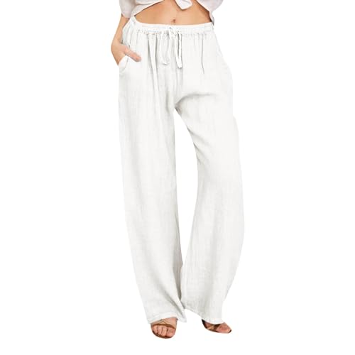 7/8 Hose Damen Sommer Jeans weiß schwarz leinen große größen, Leinenhose Sommerhose Damen Baumwolle Lang - Strandhose Yogahose Casual Geschnitten Stoffhose Mit Taschen Atmungsaktive von Generisch