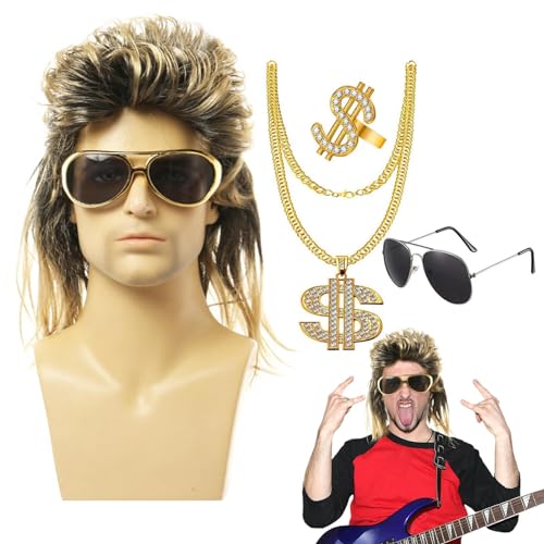 70er Jahre Disco Perücke | 4er Set Herren Perücken - 70er 80er Jahre Lockige Retro Disco Rocker Perücken mit Sonnenbrille Halskette, Dollar Zeichen Ring für Halloween Cosplay von Generisch