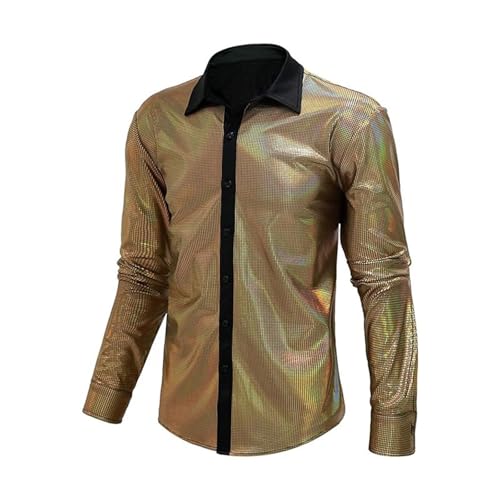 70er Jahre Outfit Herren Glänzend Hemd Retro Style Pailletten Herrenhemd Regular Fit Hawai Reverskragen Langarm Hemden Freizeitshemd Party Outfit (Gold, L) von Generisch