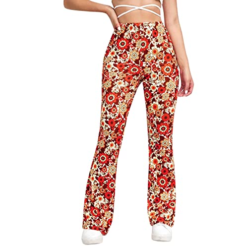70er Jahre Schlaghose Für Damen – Boho 60er Hose Hippie Blumen High Waist Outfit Disco Kostüm Yogahose Leggings (01 Gelb, 3XL) von Generisch