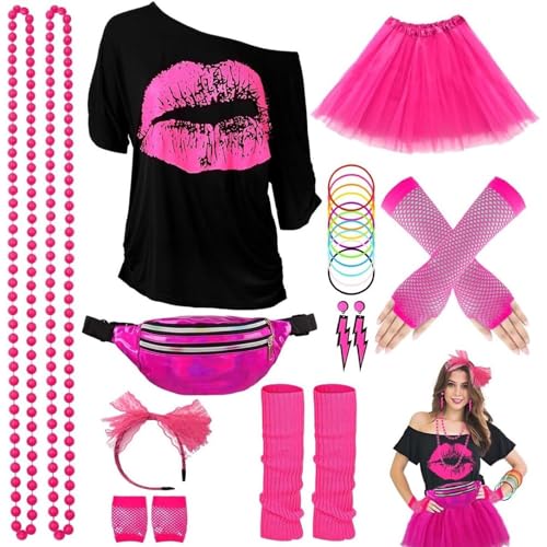 80er Jahre Kostüm Zubehör Set, 80er Jahre Party Outfits Party-T-Shirt Tutu-Rock Beinlinge 80er Zubehör Set für Kostümpartys im Retro-Stil FastnachtskostüMe Damen Rockabilly Kleider Damen Fasching von Generisch