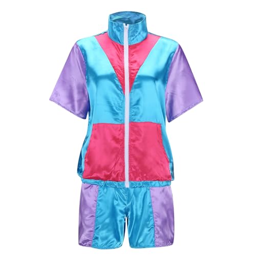 80er Jahre Sportanzug Damen Retro Trainingsanzug Kurzarm Jacke und Shorts Set, Jacke und Shorts Set Disco 80er 90er Jahre Outfit, kurze Ärmel, Reißverschluss vorne, elastische Taille von Generisch