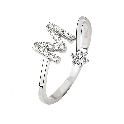 925 Sterling Silber Cz Initial Ring, Zierlicher Verstellbarer Offener Ring Az Alphabet Buchstabe Daumenring Für Frauen Mädchen Schmuck Geschenke Mit Box Buchstabe M von Generisch