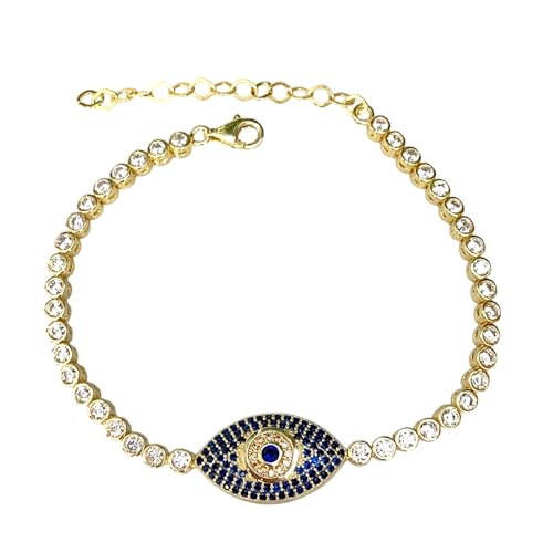 925 Sterling Silber Damen Armband – Vergoldet mit Zirkonia, Evil Eye Nazar Schutzarmband, Verstellbares Glücksbringer Schmuck, Geschenk für Frauen (Blau) von Generisch