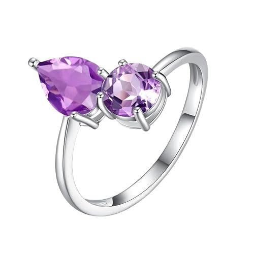 925 Sterling Silber Doppel-Edelsteinring Für Damen, Runder Und Birnenförmiger Natürlicher Edelsteinring, Ewigkeits-Verlobungsring, Cocktail-Versprechen, Ehering, Amethyst von Generisch