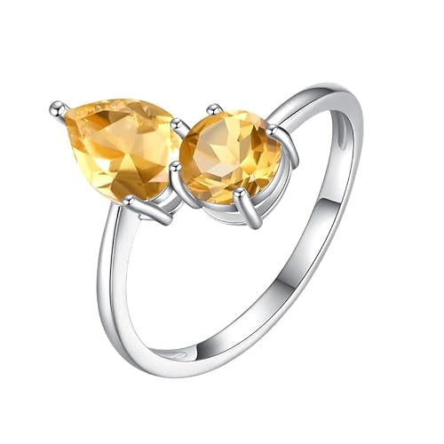 925 Sterling Silber Doppel-Edelsteinring Für Damen, Runder Und Birnenförmiger Natürlicher Edelsteinring, Ewigkeits-Verlobungsring, Cocktail-Versprechen, Ehering, Citrin von Generisch