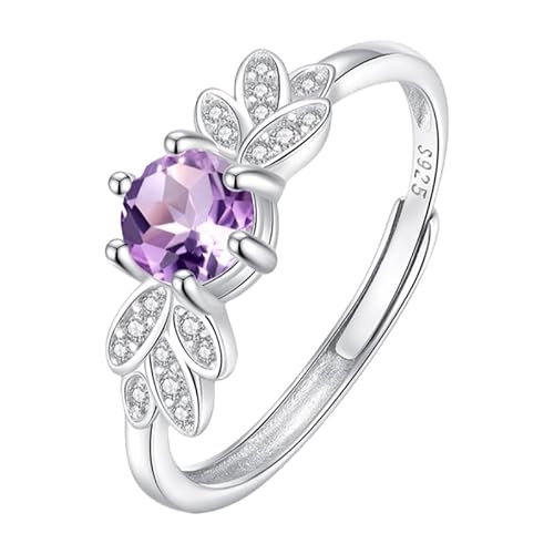 925 Sterling Silber Edelsteinring Für Damen Vintage Blätter Zirkonia Ringe Verstellbar Facettiert Kristallband Verlobung Cocktail Ehering Geschenk Mit Box Amethyst von Generisch