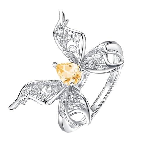 925 Sterling Silber Edelsteinring Für Frauen Hohle Schmetterlingsringe Verstellbarer Tropfenschliff Natürlicher Kristallring Verlobungs-Cocktail-Ehering Geschenk Citrin von Generisch