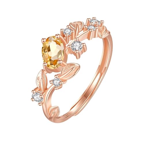 925 Sterling Silber Ovalschliff Edelsteinring Für Damen 14K Roségold Plattiert Ringe Verstellbar Zirkonia Blatt Band Verlobung Cocktail Ehering Geschenk Citrin von Generisch